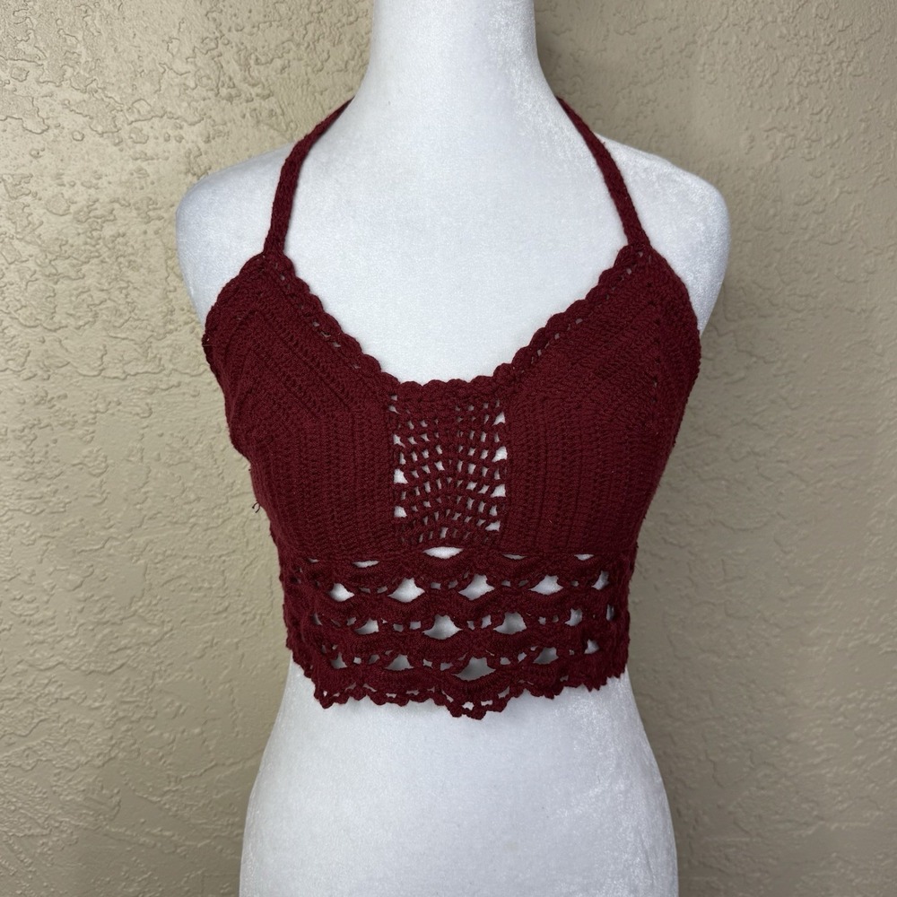 Women's Crochet Halter Crop Top Size Small Dark Red 100% Cotton Boho Festival